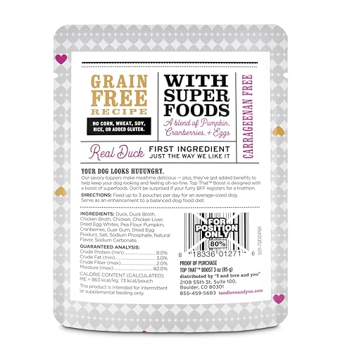 Image of inchI and love and you inch Top That Boost Wet Dog Food Pouch, Duck Recipe In Gravy, 3 oz (Pack of 12)