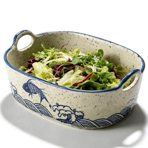 Fuente de cerámica para cacerola: plato rallador de cerámica pintado a mano con asas de cerámica, elegante azucarero, cuenco ramen, color pescado, cazuela pequeña para lasaña, tiramisú, molde para