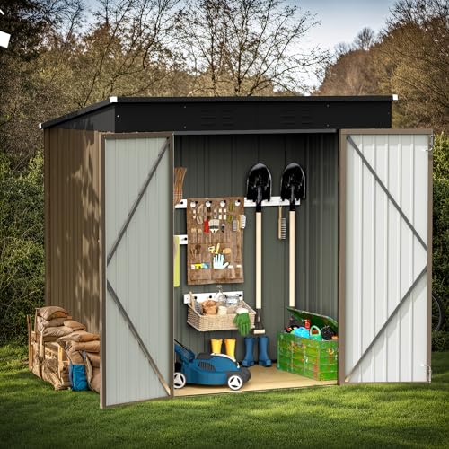 Greesum Outdoor Storage Shed All Weather 6FTx4FT Metal Garden Shed with Lockable Double Doors for Garden Tools, Toys and Sundries,Brown