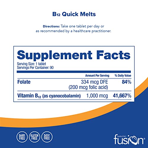 Bariatric Fusion Vitamin B12 Quick Melt | Grape Flavored Tablets | Dissolves On Your Tongue | Post Bariatric Surgery Patients | Gluten, Dairy & Soy Free | 90 Count #TOP1