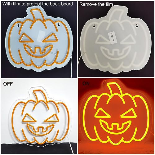 Image of Halloween Neon Sign - Pumpkin Neon Sign for Wall Decor with Dimmable Switch, Orange Pumpkin LED Light Up Sign Gift for Autumn Thanksgiving Halloween Decoration