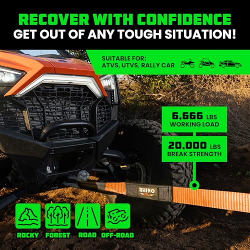 Image of Rhino USA Recovery Tow Strap (2 inchx20')-20,024lb Break Strength- Emergency Recovery Strap Tow Rope for UTV, ATV & More-Heavy Duty Towing Strap for Offroad 4x4 Use-Compatible with RZR and Can-Am (Orange)