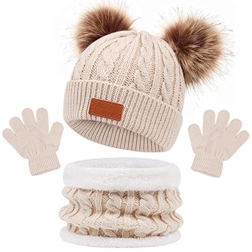 3 Stück Mädchen Winter Beanie Hut, Schal, Handschuhe Set,Kinder Wintermütze Schal Handschuhe Set, Mütze Warme Beanie Hut Jungen Handschuhe Runder Schal Set für Kinder 1-6 Jahre Alt (Beige)