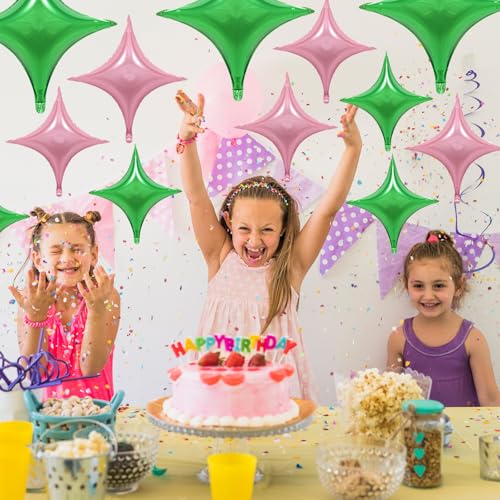 Image of Pink Green Star Balloons,12Pcs Four Angle Star Foil Balloons | 26Inch and 10Inch Pink Green Quadrangle Star Helium Balloon for Witch Birthday Baby Shower Party Decorations