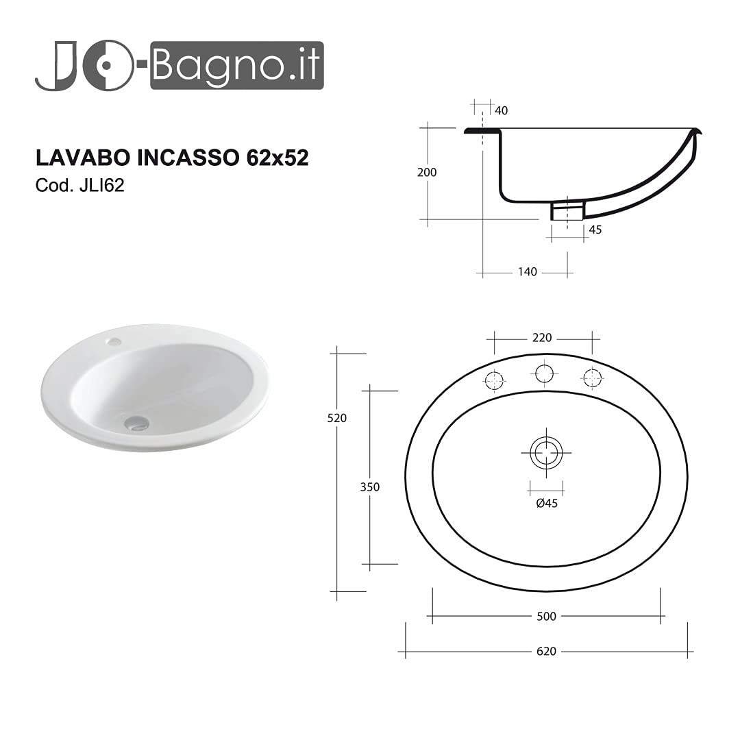 LAVABO Incasso TONDO Ceramica - Lavandino Soprapiano OVAL L. 62 x 52 cm Monoforo Pred. a 3 Fori