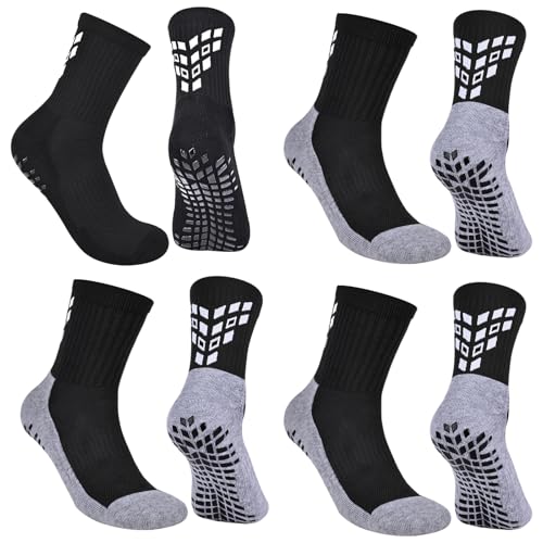 Image of Anti-slip Grip Soccer Football Sports Socks Men Women Cushioned Cotton Crew Socks Yoga 6-8.5 1black+3blackgray M 4 Pair