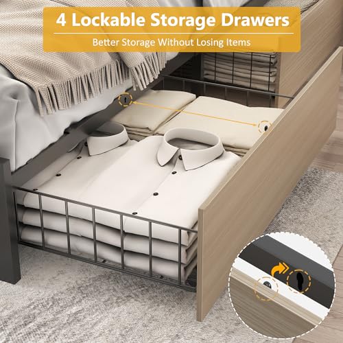Image of Lifezone Full Bed Frame with 2-Tier Storage Headboard, Metal Platform Bed Frame with 4 Storage Drawers, Built in Charging Station & LED, Noise-Free /Metal Support /No Box Spring Needed, Beige