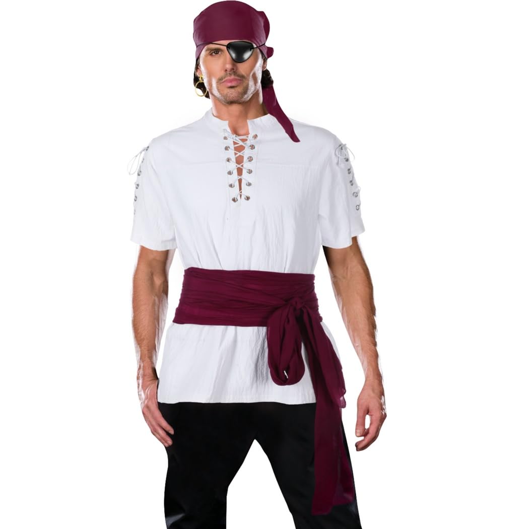 YOFAPA 5PCS Men Pirate Costume, Mens Viking Shirt for Adult Men, Shirt Bandana Sash Belt Earring Eye Patch, Medieval Renaissance Pirate Outfit for Halloween Cosplay