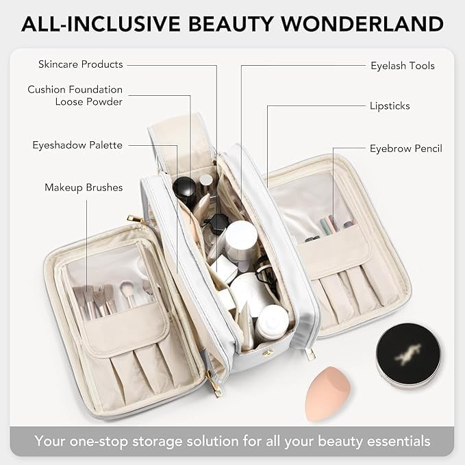 PEIPUS Portable Cosmetic Organiser Bag, Large Capacity Travel Makeup Storage Case, Double-Layer with Zipper Closure, Beige 2
