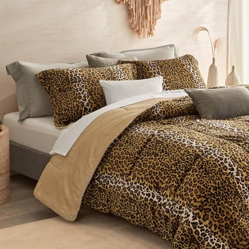Petrichor Leopard Velvet Flannel King Comforter Set-Cheetah Print Western Blanket Luxury Fuzzy Heavy Bedding Set 3 Pieces Plush Winter Bed Set with Comforter (90x104)&2 Pillow Shams (20x36