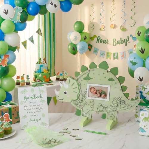 Image of Kosiz Dinosaur Baby Shower Guest Book, Green Triceratops Acrylic Guest Book Alternative with Wooden Dinosaur and Eggs for 60 Guests, Baby Shower Sign and Nursery Keepsake