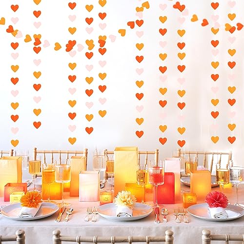 Image of Pink Orange Fall Engagement Party-Decorations Heart-Garland - 52ft Fall Autumn Thanksgiving Harvest Hanging Streamers Banner,Birthday Baby Bridal Shower Wedding Bachelorette Groovy Decor Panduola