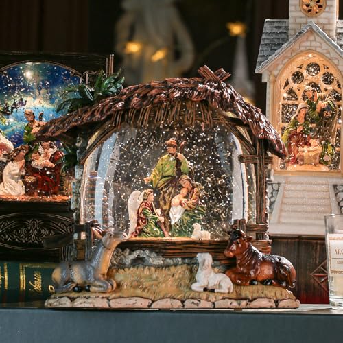 Nativity Snow Globe Music Box Shatterproof Glitter Christmas Snowglobe Holy Family Jesus with LED Light USB & Battery Powered First Communion Christian Gifts Decorations Home Decor Belen Manger
