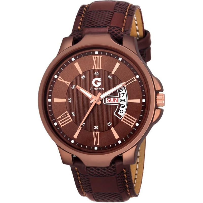 Glazba Mens DD Leather Strap Analog Wrist Watch for Boys with Date and Day Aperture Functioning (Brown) (B0CW5SNHMQ) Amazon Price History, Amazon Price Tracker