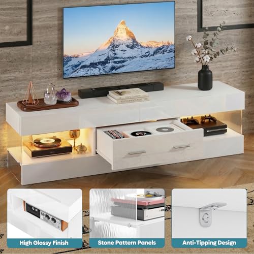 Image of Bestier 60 Inch White Modern TV Stand, LED Entertainment Center Console