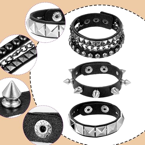 Grevosea 3 Stück Nieten Armband Punk Rock Leder Nietenarmband Herren Damen Armband Emo Accessoires Gothic Breites mit Verschluss für Party/Konzert/Cosplay