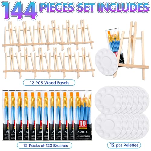 Image of 144 PCS Professional Painting Set, 12 PCS Wood Easels,12 Pack 120 Brushes | with Nylon Brush Head and 12 PCS Palettes, Painting Supplies kit for Kids & Adults Party