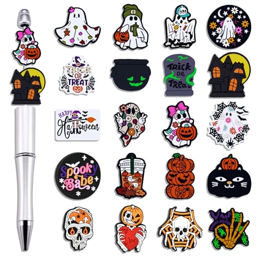 20pcs Halloween Focal Beads for Pens Ghost Silicone Focal Beads Skeleton Pumpkin Element Creating Horror Atmosphere DIY Accessories for Keychain Jewelry Making Bracelet Necklace Craft Lanyard