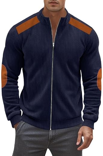 Mens Sweatshirts Full Zip Patchwork Mock Neck Jackets Casual Long Sleeve Corduroy Coat with Elbow Patches