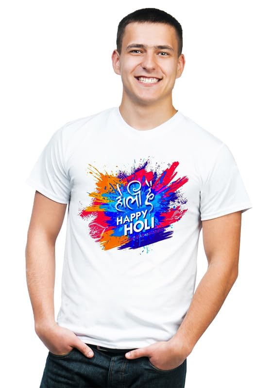 Image of Knitted Polycotton Fabric Regular Fit Men Boys Half Sleeve T-Shirt for Festival of Holi Style 3 White Size : Free