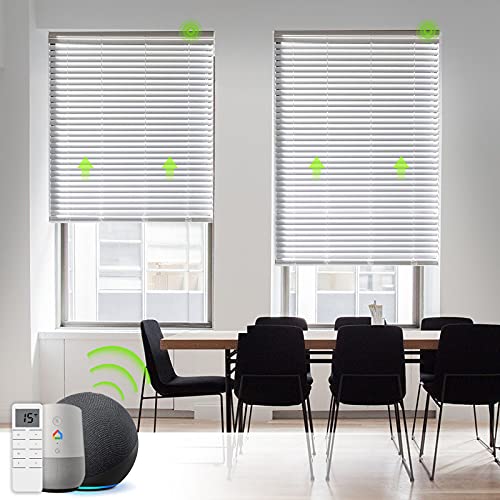 Yoolax Motorized Venetian Blinds Work with Alexa, Light Filtering Sheer Smart Horizontal Blinds Customized Size, Blackout Aluminum Electric Window Blinds with Remote for Home Office (White)