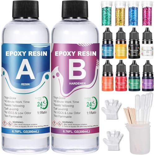 Ofciin Resina Epossidica Trasparente Kit 400Ml, Kit Resina Epossidica Completo Compreso Pigmento, Paillettes, Misurino, Resina Epoxy Per Creazioni, Gi