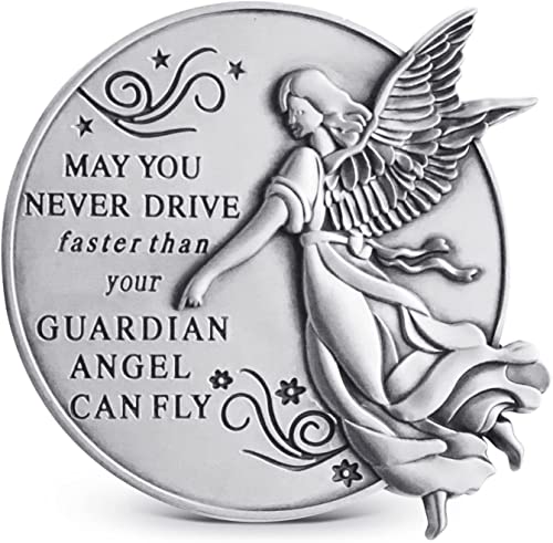 Guardian Angel Visor Clip For Car: (Set of 2) 2-1/4 Inch Diameter Metal, Reads MAY YOU NEVER DRIVE FASTER THAN YOUR GUARDIAN ANGEL CAN FLY, Best Parents Gift Idea for New Driver & Loved Ones Cars (2)