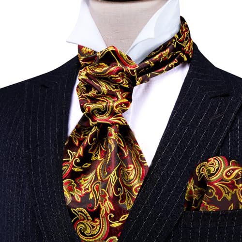 Image of Barry.Wang Ascot Ties Cravat Tie Men Paisley Plaid Scarf Self Tie Pocket Square Cufflinks Set Wedding Party