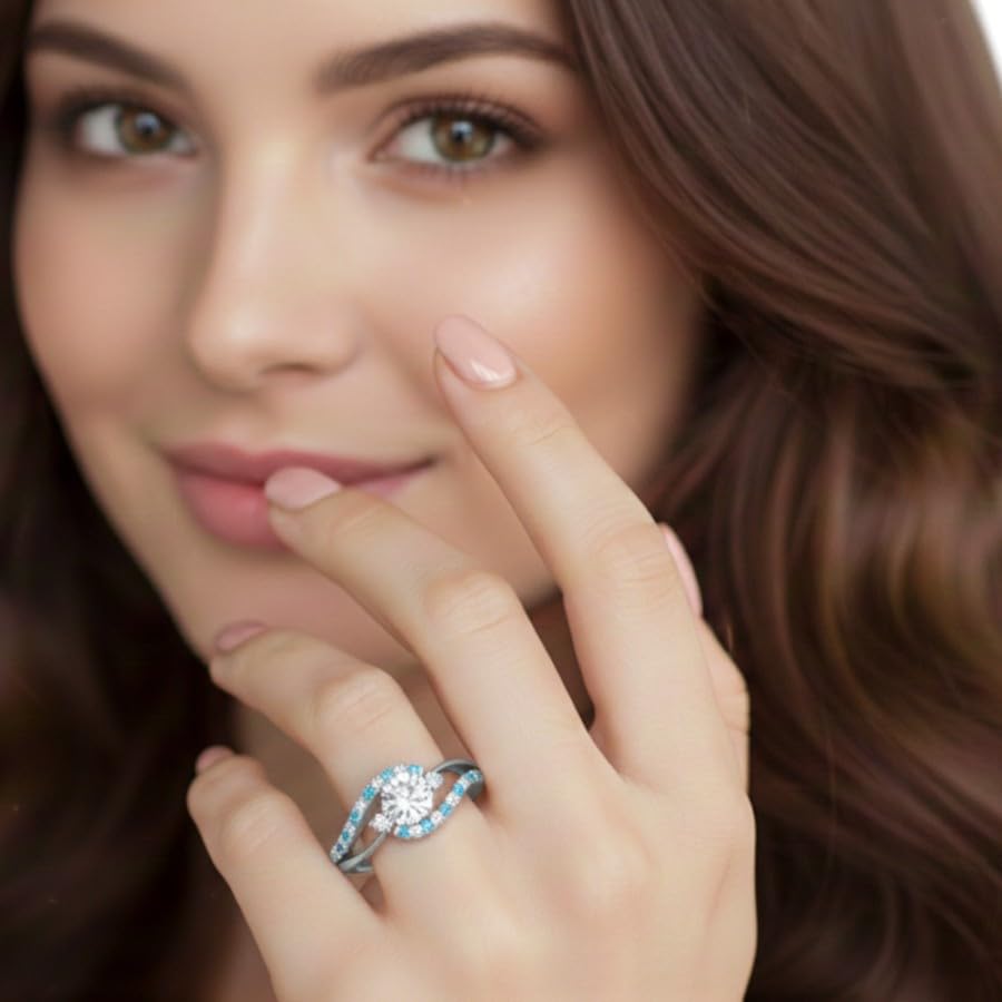 Image of Choose Your Gemstone Swirl 3 Stone Diamond CZ Engagement Ring 925 Sterling Silver Round Shape Side Stone Engagement Rings for Women, Girls and Ladies US Size 4 to 12