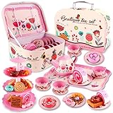 BeiyoQSZ Tea Party Set for Little Girls, 32PCS Princess Tea Time Toy with Food Sweet Treats Playset Carrying Case, Kids Kitchen Pretend Play Toddler Dress Up Tea Set for Girls
