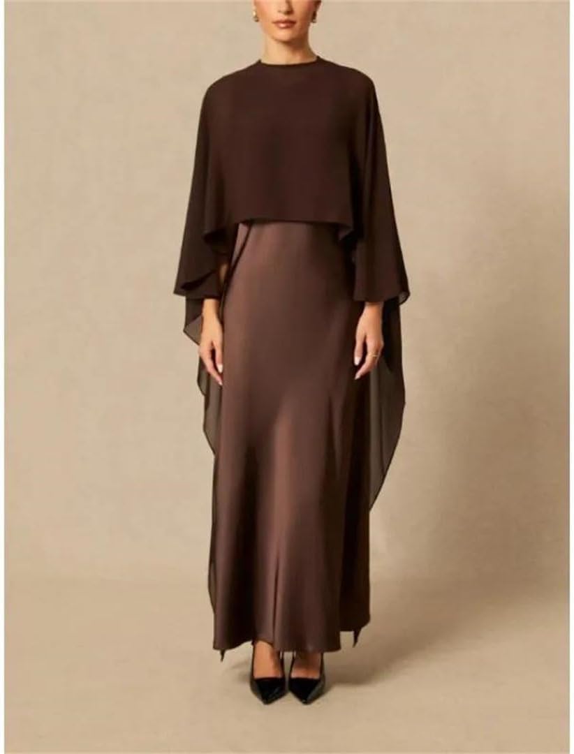 Women Mesh Patchwork Satin Dress Vintage Cape-Sleeve Two-Piece Sheer Overlay Evening Gown