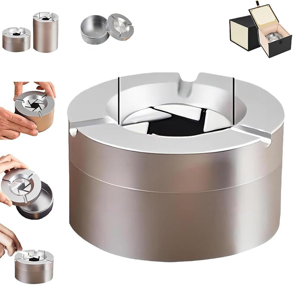 360° Stainless Steel Twist-Lock Ashtray, Ash Tray for Car, Drop-Resistant and High-Temperature Resistant, Rotating Lid Extinguishing Ashtray, Ash Trays Suitable with Home Car Use (Desktop)