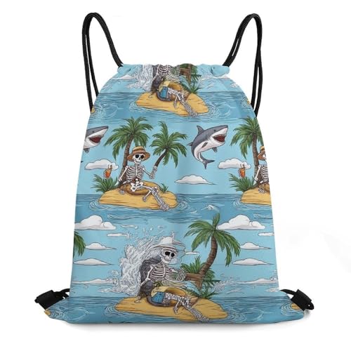Breathable Drawstring Backpack, Sea Beach Skeleton Palm Tree Shark Unisex Fashion Waterproof Large Capacity Draw String Bag, Reusable Sackpack with Sturdy Cord for Daily Use