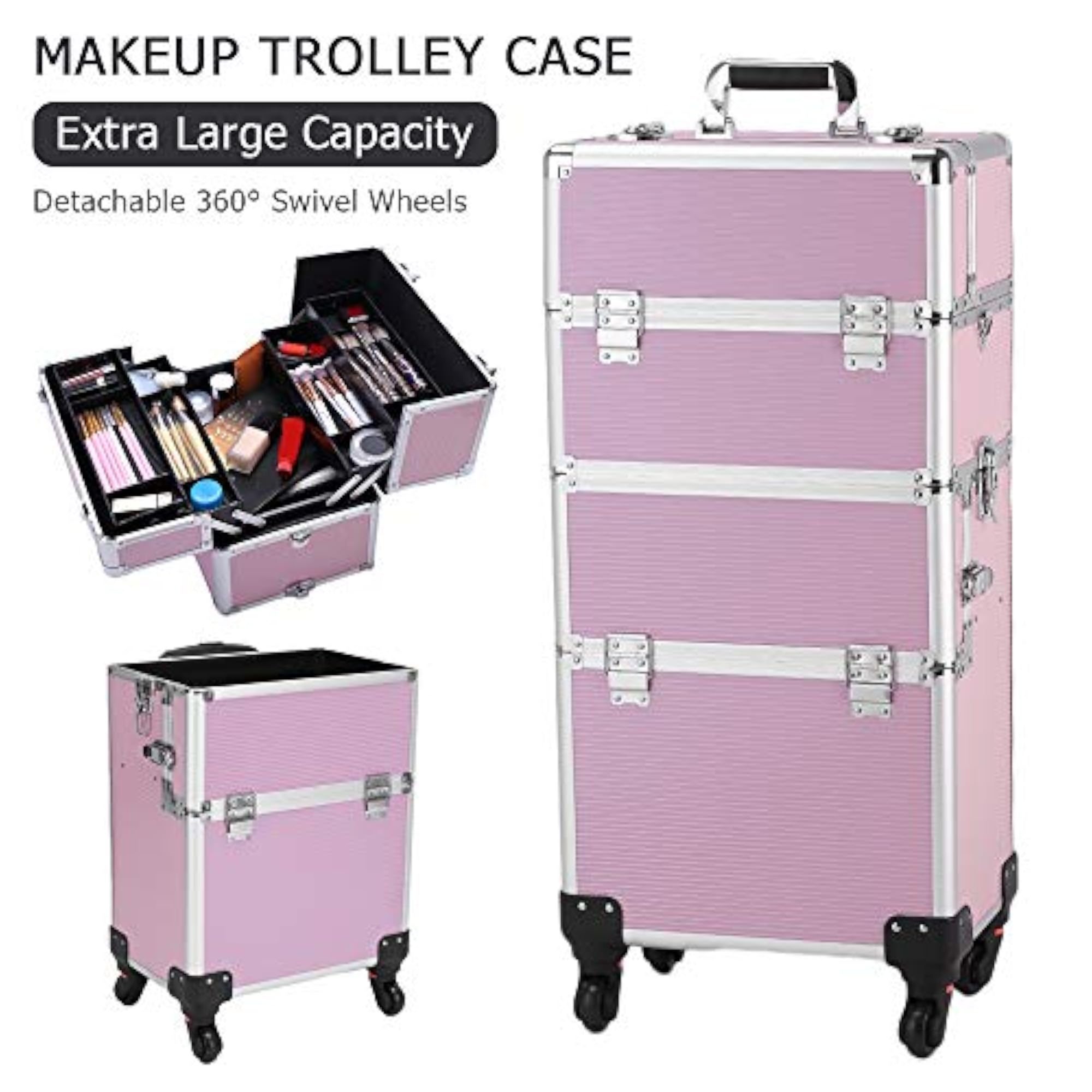 3 in 1 Makeup Train Case Rolling Trolley, Large Capacity