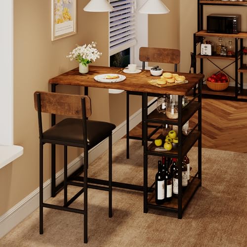 CABIHOME Dining Table Set for 2, Kitchen Table and Upholstered Chairs for 2, 3 Piece Counter Height Bar Table Set with 3 Large Storage Shelves for Small Space, Apartment, Studio, Rustic Brown - Thumbnail 3