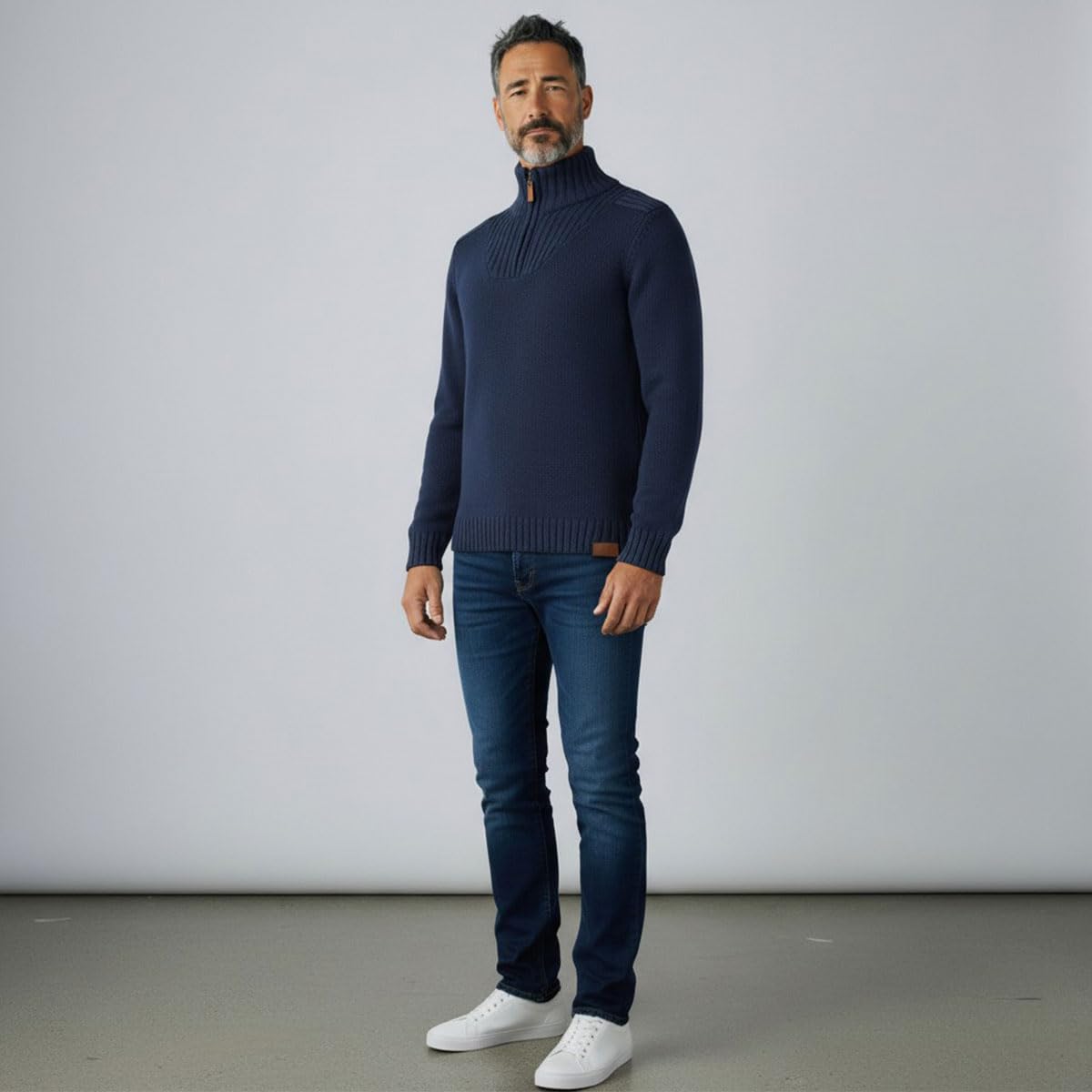 tomBrook Herren Strick-Troyer Unifarben - Troyer-Pullover Strickpullover mit Stehkragen und Reißverschluss in Grau-Grün Größe S