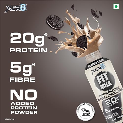 Image of XLR8 FitMilk Protein Milk | 20g Protein Milkshake 250ml (Pack of 2) | 5g Fibre | Cookies & Cream | No Added Sugar | Contains Prebiotic Fiber | Ideal for Early Mornings, Pre & Post Workouts Energy Drink