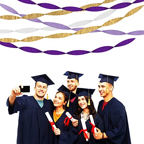 Image of Purple-Gold Party Decorations Crepe-Paper Streamers - 8 Rolls White Purple Lavender Graduation Steamer Woman Birthday Wedding Bridal Shower Paper Garland Mothers Decor Panduola