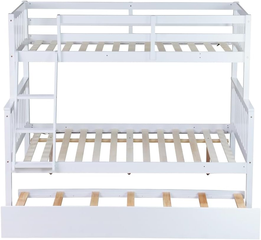 Merax Twin Over Full Bunk Bed with Twin Size Trundle and Reversible Ladder, Can be Separated to 2 Beds, Wooden Bunk Bed Frame, White