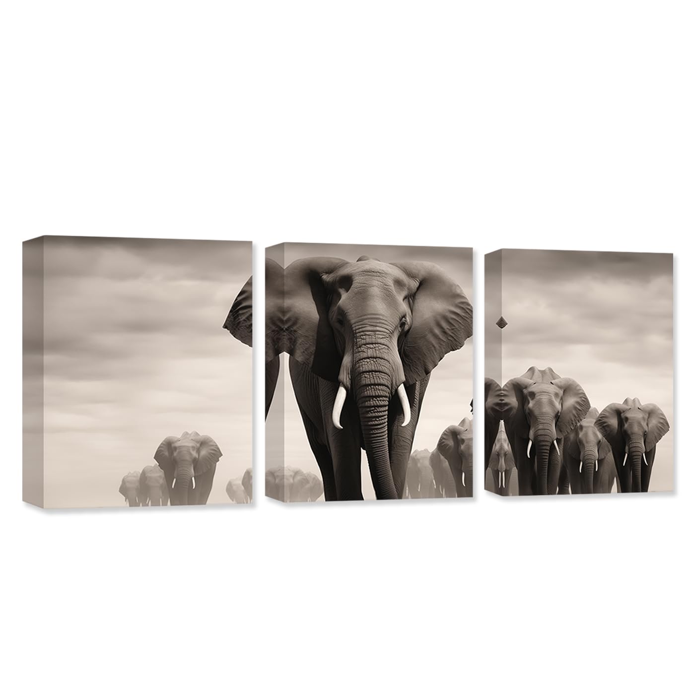 CXHOSTENT 3 Panels Elefanten-Leinwand-Kunst Tiergemälde Wanddekoration Afrikanische Tiere Bilder Wildtier-Poster Dekor Rahmen (Elefant - 3, 30x40cmx3Pcs)