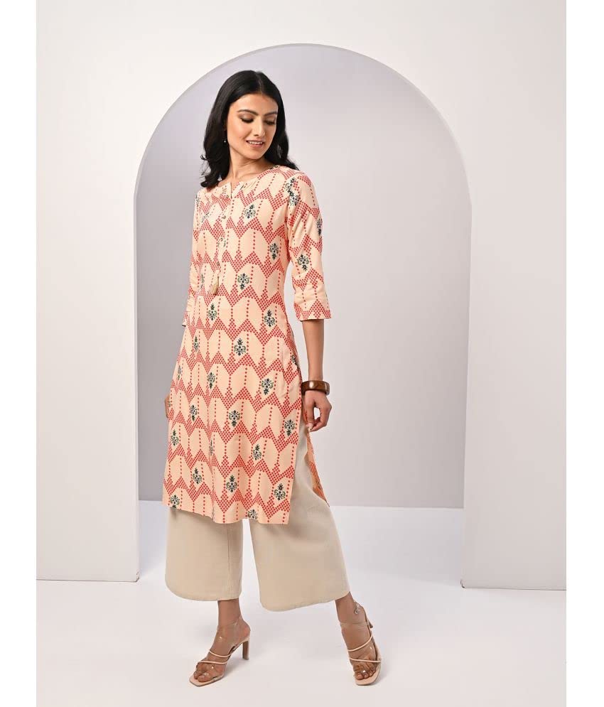 Image of rangita Peach Rayon Calf Length Printed Straight Kurti for Women | Kurta for Women