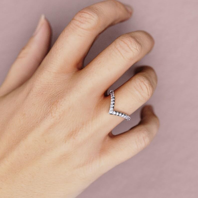 14k Gold Diamond Wedding Band for Women V Shape Curved Stacking Ring Dainty Pavé Diamond Contour Ring Delicate Gold Band for Her Anniversary or Bridal Jewelry2