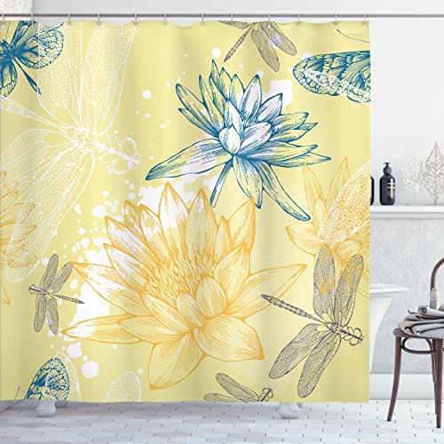 Ambesonne Dragonfly Shower Curtain, Boho Style Plants and Dragonflies Sketchy Illustration, Cloth Fabric Bathroom Decor Set with Hooks, 69" W x 84" L, Petrol Blue