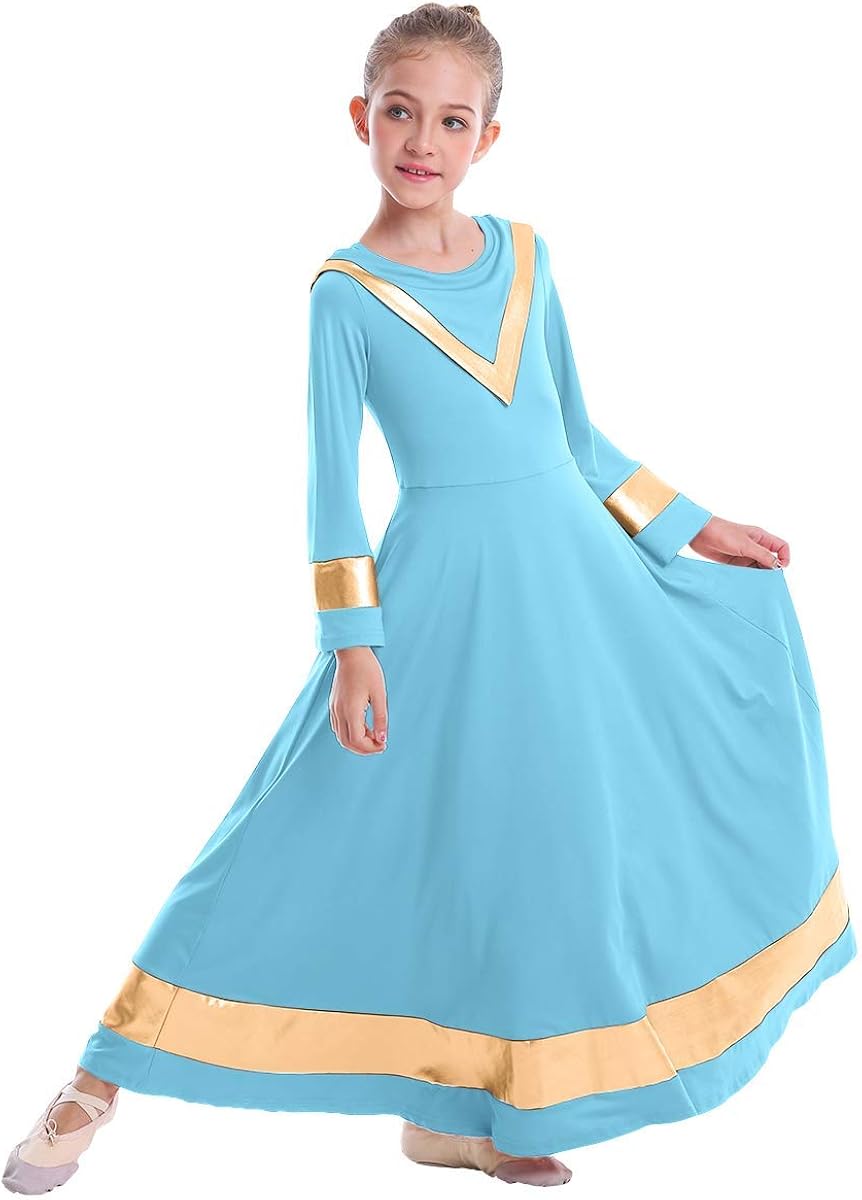 OwlFay Girls Gold Metallic Color Block Liturgical Praise Dance Dress Ruffle Loose Fit Full Length Long Sleeve Worship Costume : Clothing, Shoes & Jewelry