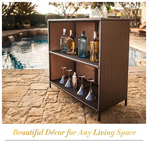 Suncrown Outdoor Bar Set 3-Piece Brown Wicker Patio Furniture - Glass Bar And Two Stools With Cushions For Patios, Backyards, Porches, Gardens Or Poolside #TOP1