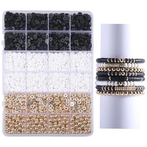 Ahouws 3020pcs Clay Beads for Bracelet Making, 4 Colors Clay Beads for Jewelry Making Supplies Charm Friendship Bracelet Kit with Gold Beads for Jewelry Making Kit（Black+White） Cover