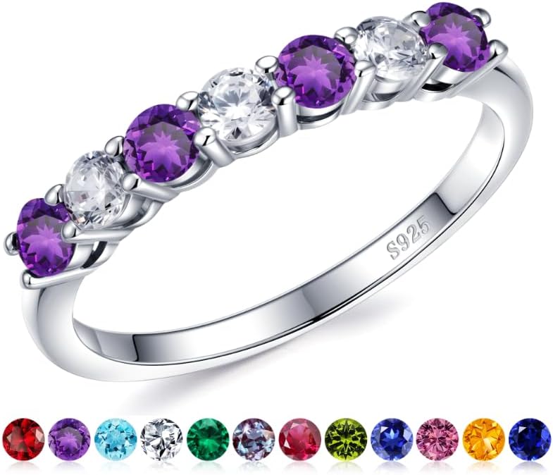 Iefil Birthstone Rings for Women - 925 Sterling Silver Half Eternity Band Rings, Created Gemstone, Birthday Anniversary Wedding Band for Women Wife, 7 Stone, Size 5 to 9