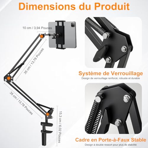 Support Tablette Lit 360° pour Écrans 4,7 à 13 Pouces et Surfaces de 6,5 cm Max
