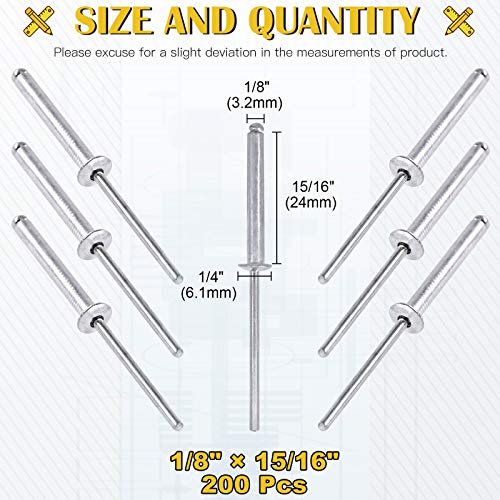 Mardatt 200Pcs Aluminum Blind Rivets 1/8 x 15/16 Inch (3.2x24mm) Pop Rivets Decorating Fastener Core Pulling Rivets for Sheet Metal Woodworking - Image 2