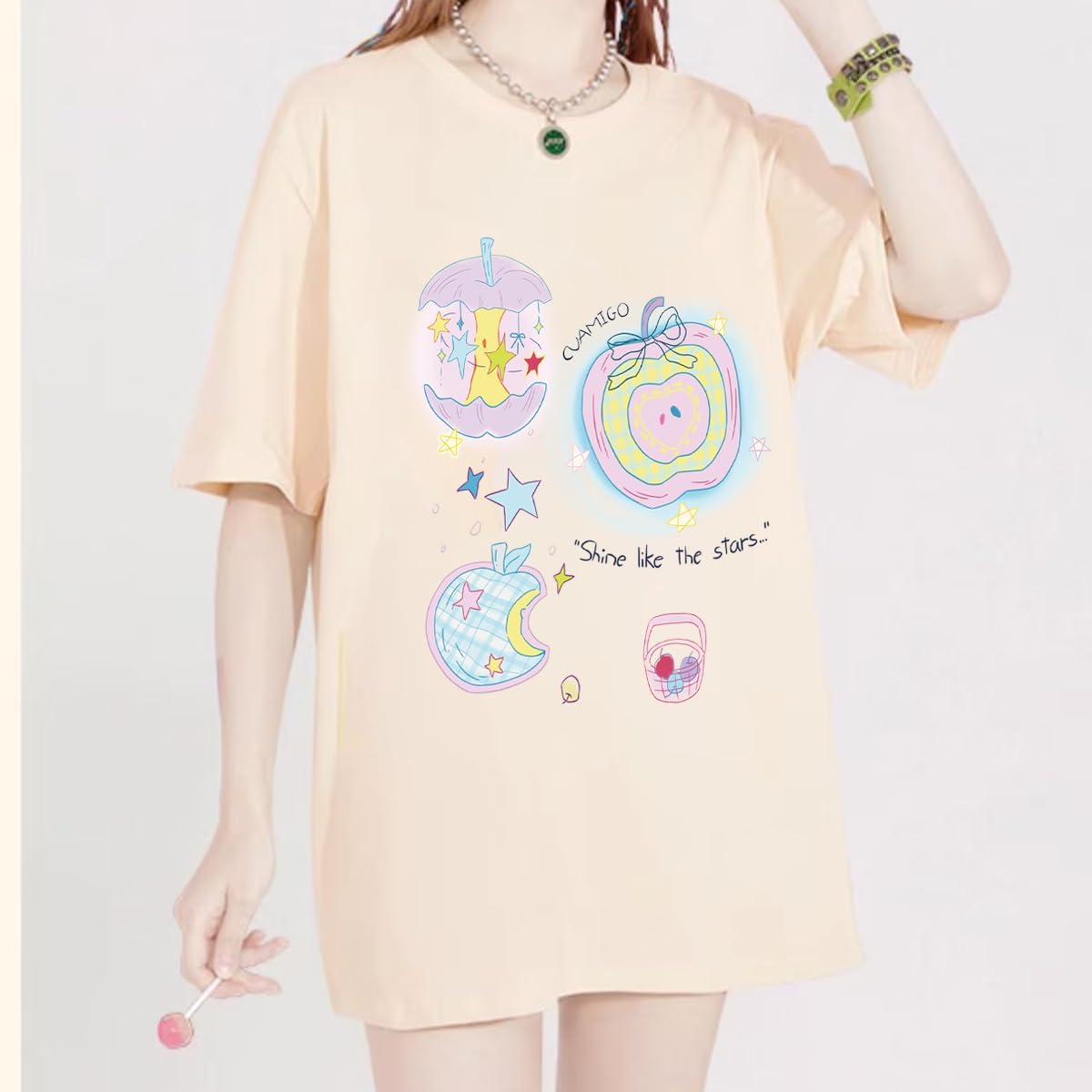 Kawaii Fashion Round Neck Short Sleeve Harajuku Y2K Cute Star Graphic Oversized T-Shirts for Women - Image 2